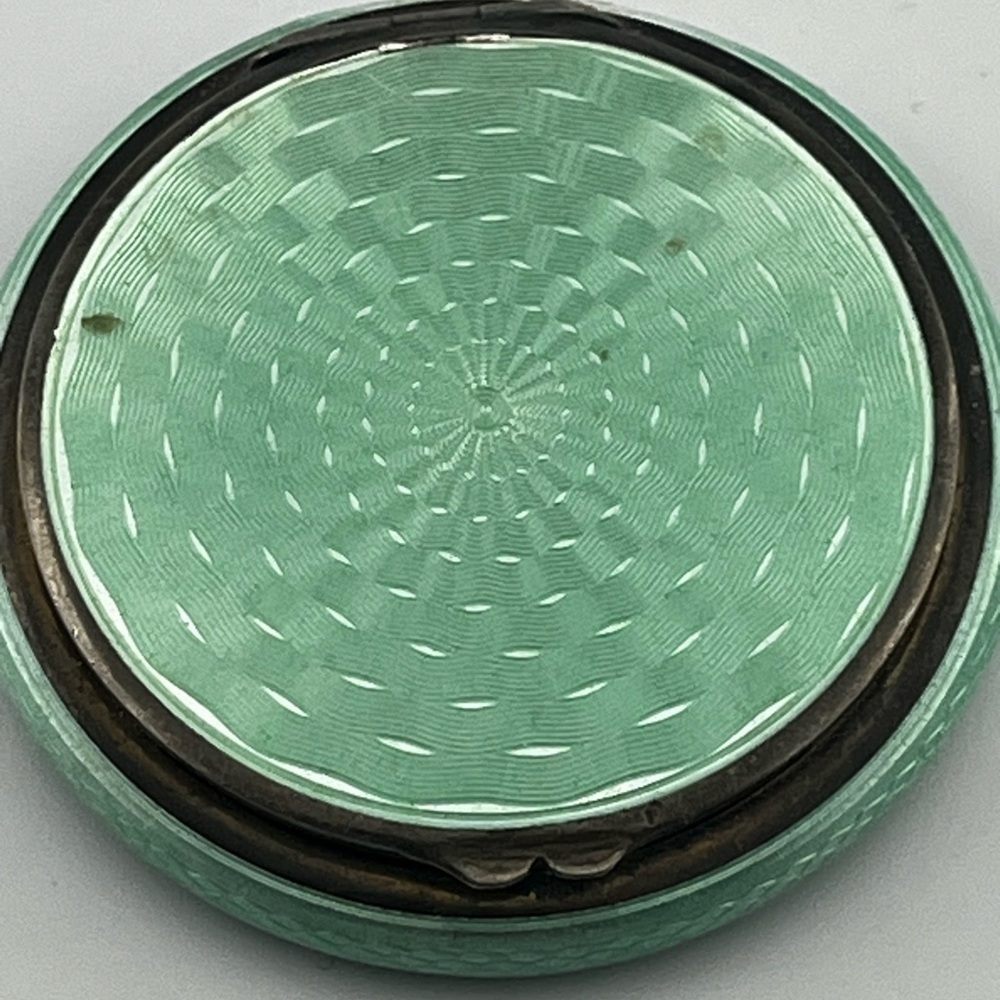 Vintage German Sterling Silver Guilloche Enamel Powder Compact Green Mirror - Picture 2 of 8